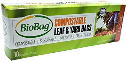 Biobag Compostable and Biodegradable Lawn and Leaf Bags for Yard Waste, 110 Litre, 10 Count