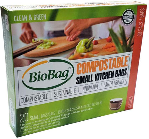 BioBag Small Compostable and Biodegradable Kitchen Bags for Food Scraps, 10 Litre, 20 Count